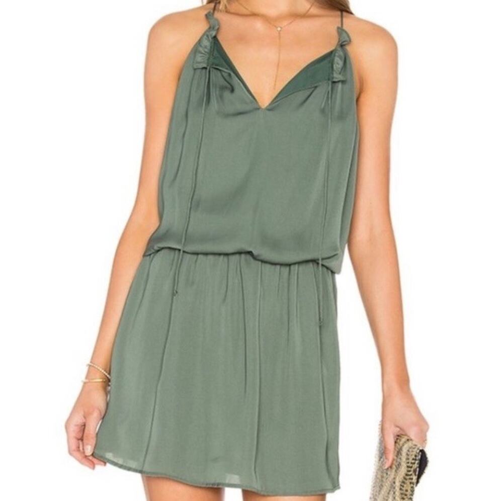 BB Dakota Olive Green Satin Finish Mini Dress Sleeveless Ruffle Neck Tie Waist S
